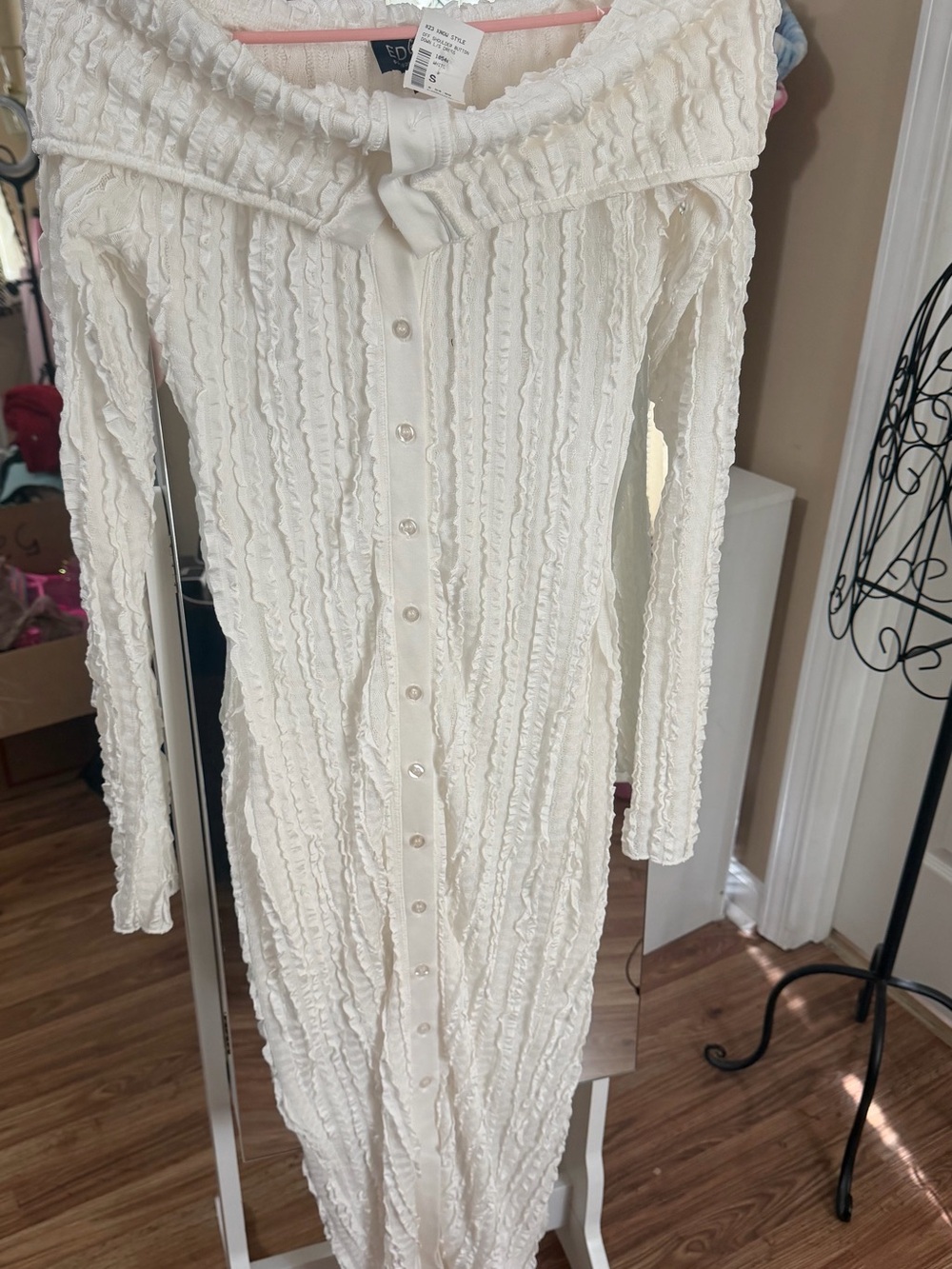 edge Cream Off-Shoulder Button-Front Dress